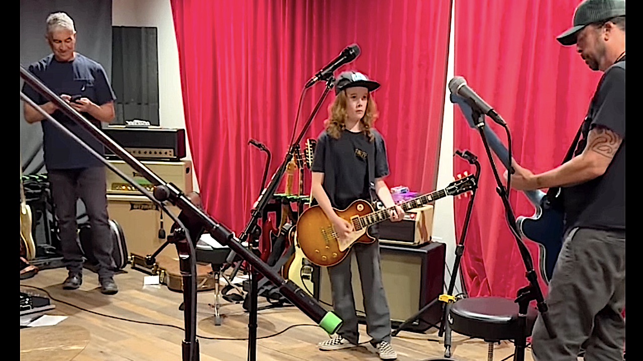 “I love you Foos”: Watch Scott Ian’s 12-year-old son Revel play Everlong with Foo Fighters at Dave Grohl’s studio