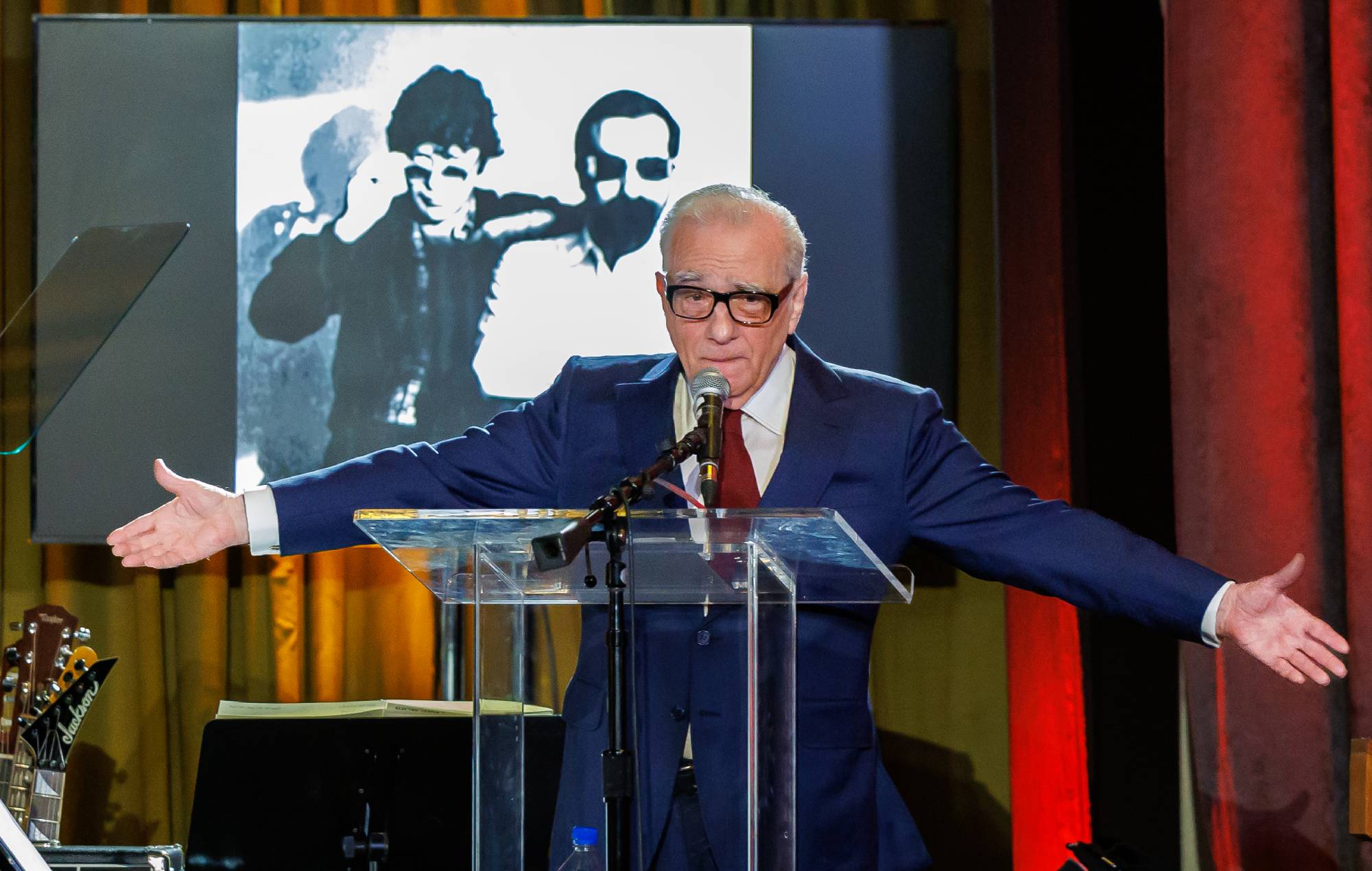 Joni Mitchell, Martin Scorsese and Leonardo DiCaprio attend Robbie Robertson memorial