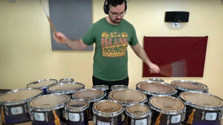 The man who holds the world record for most drumstick hits in one minute has now played the guitar solo from Lynyrd Skynyrd’s Free Bird on a stand-up kit