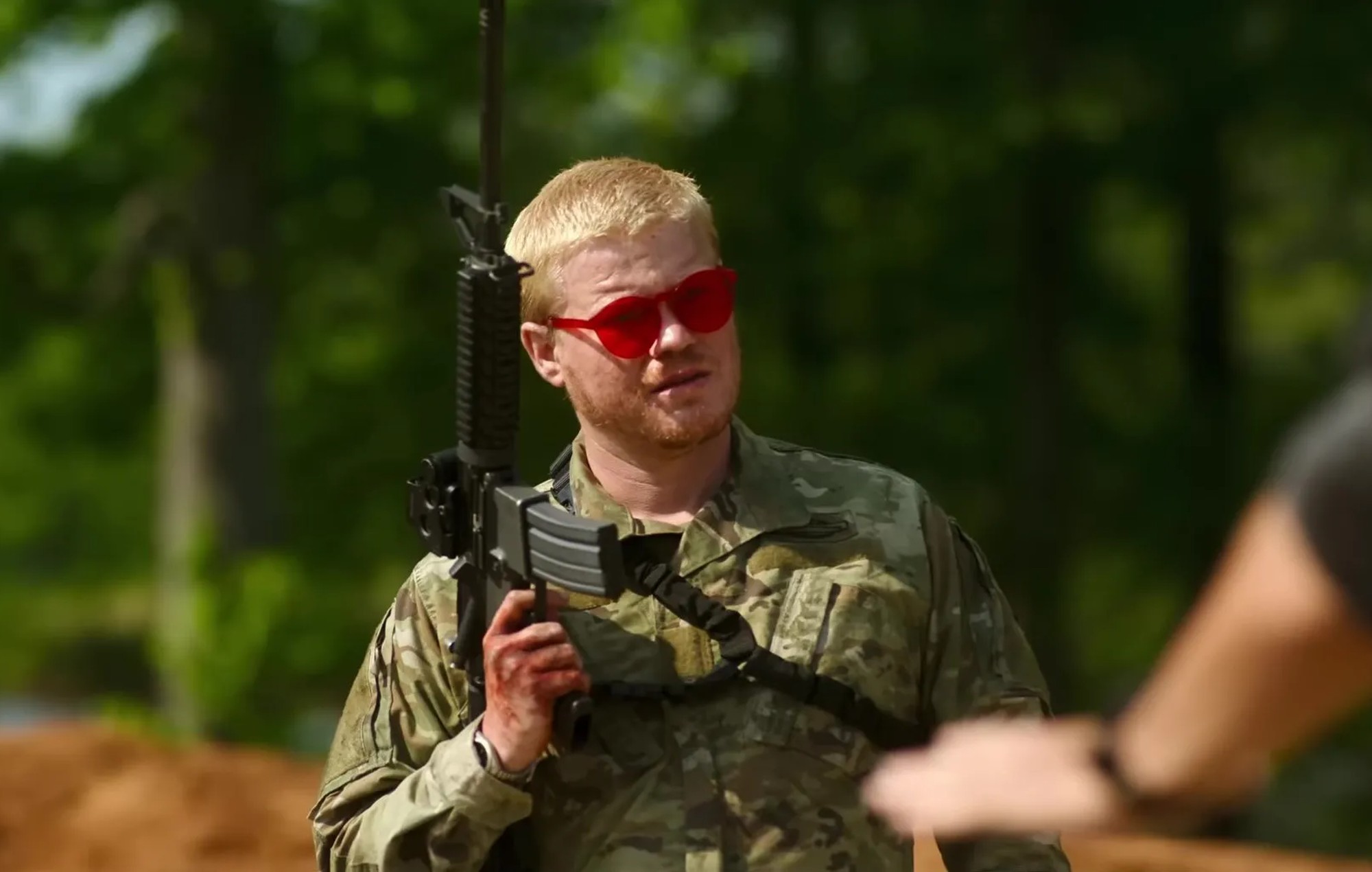 Why is Jesse Plemons wearing red sunglasses in ‘Civil War’?
