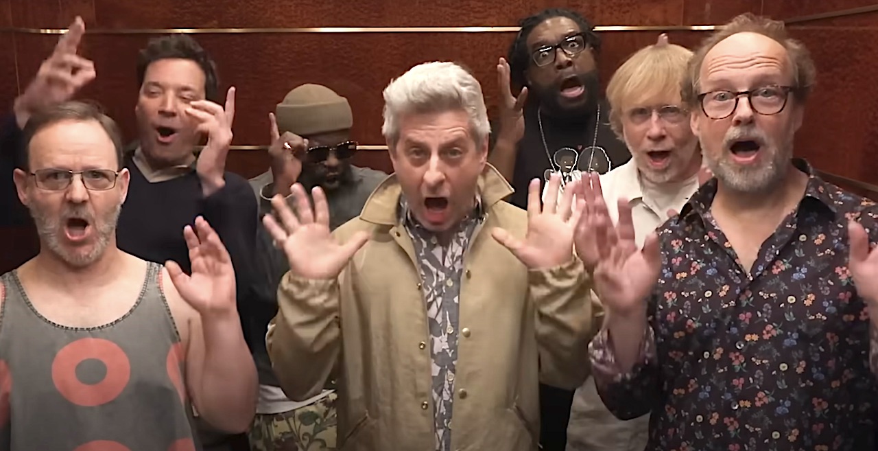 Watch Phish, US TV talk show host Jimmy Fallon and hip-hop stars The Roots cover Aerosmith’s Love In An Elevator, in an elevator