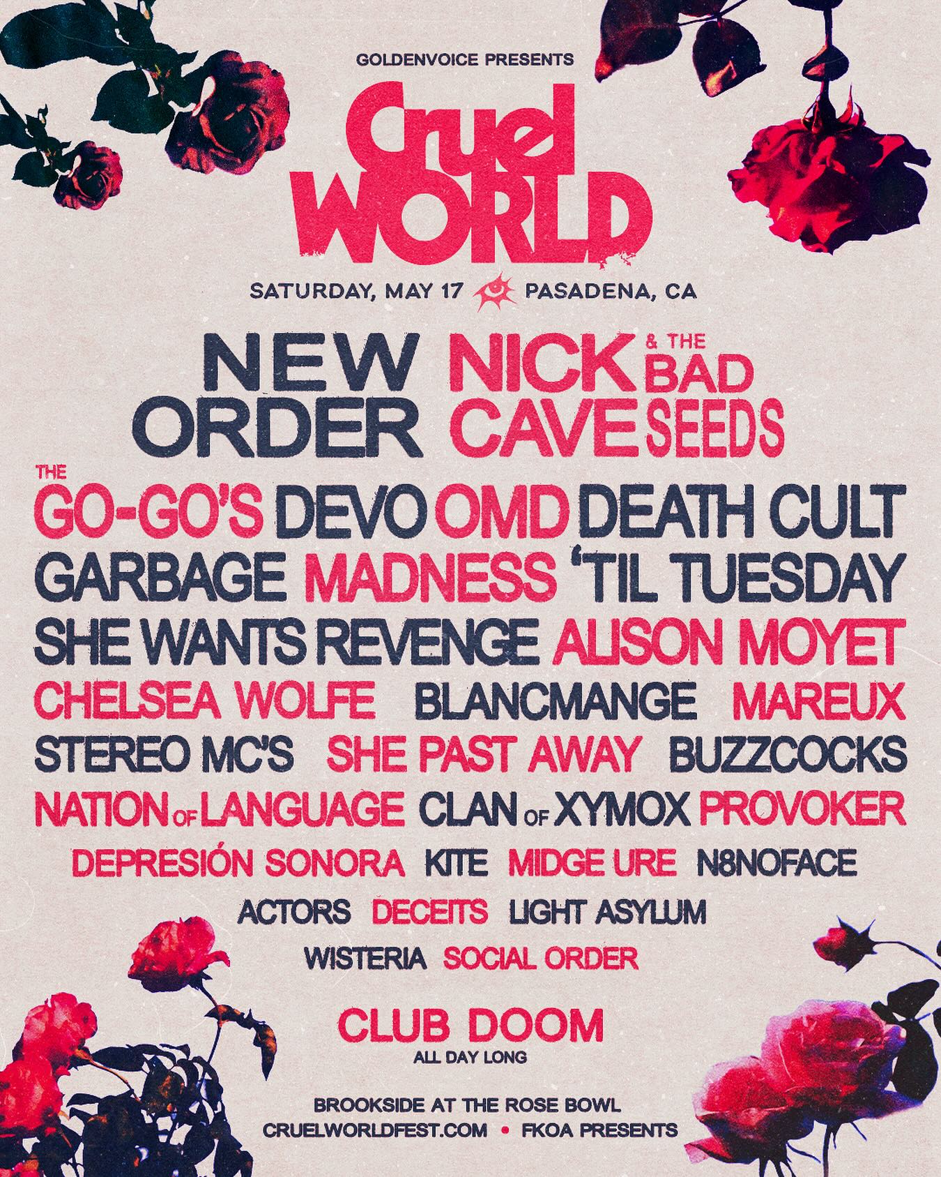 Cruel World 2025 Lineup Announced With Nick Cave, New Order, Death Cult, Til Tuesday, OMD, DEVO, Garbage, and More!