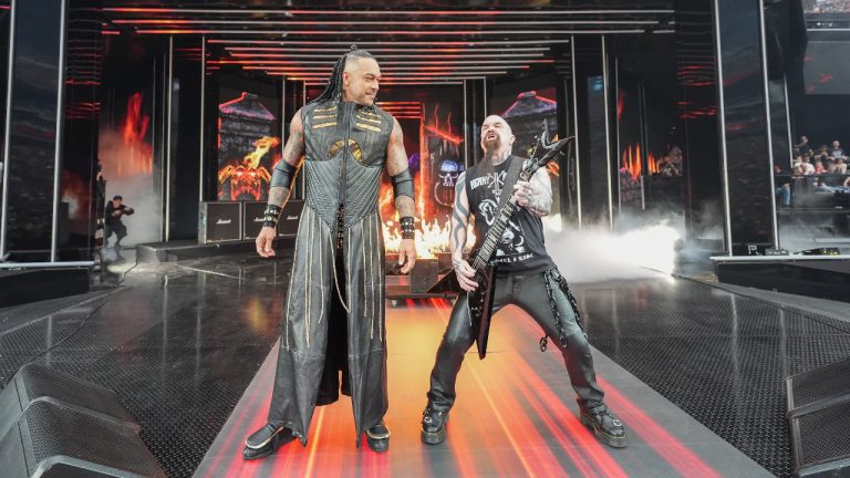 Watch Slayer legend Kerry King make his Wrestlemania debut as he plays Damian Priest to the ring for the most metal WWE entrance ever
