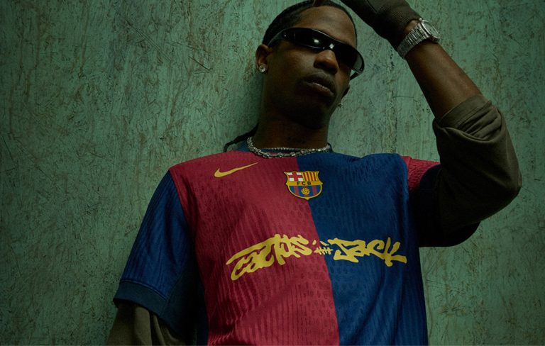 Travis Scott “merges universes” with FC Barcelona and Spotify for new shirt 