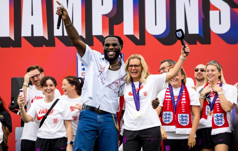 Watch Burna Boy sing ‘For My Hand’ with Lionesses’ manager Sarina Wiegman at Euro 2025 victory parade