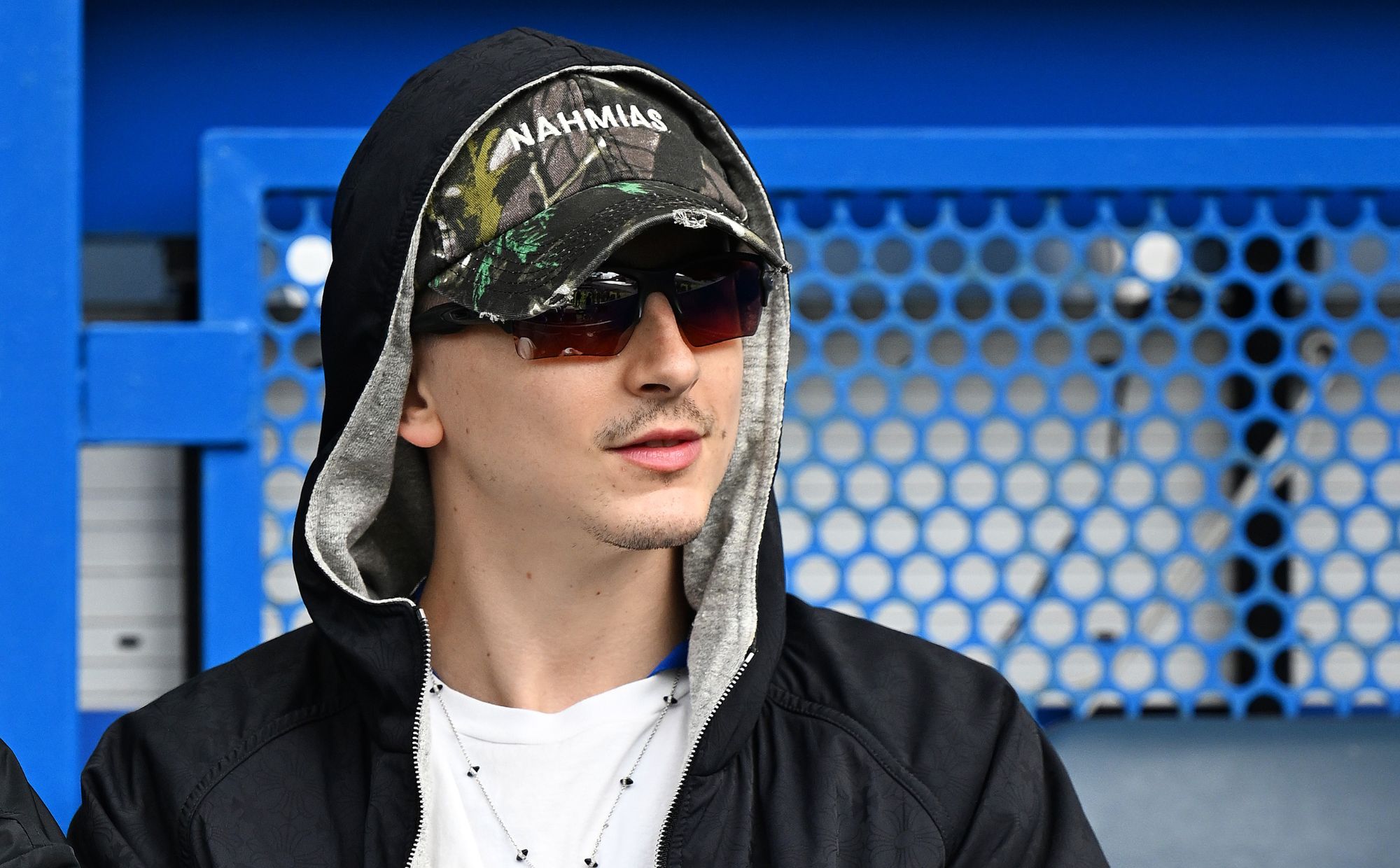 Chelsea FC fan Timothée Chalamet attends game against Fulham at Stamford Bridge Stadium