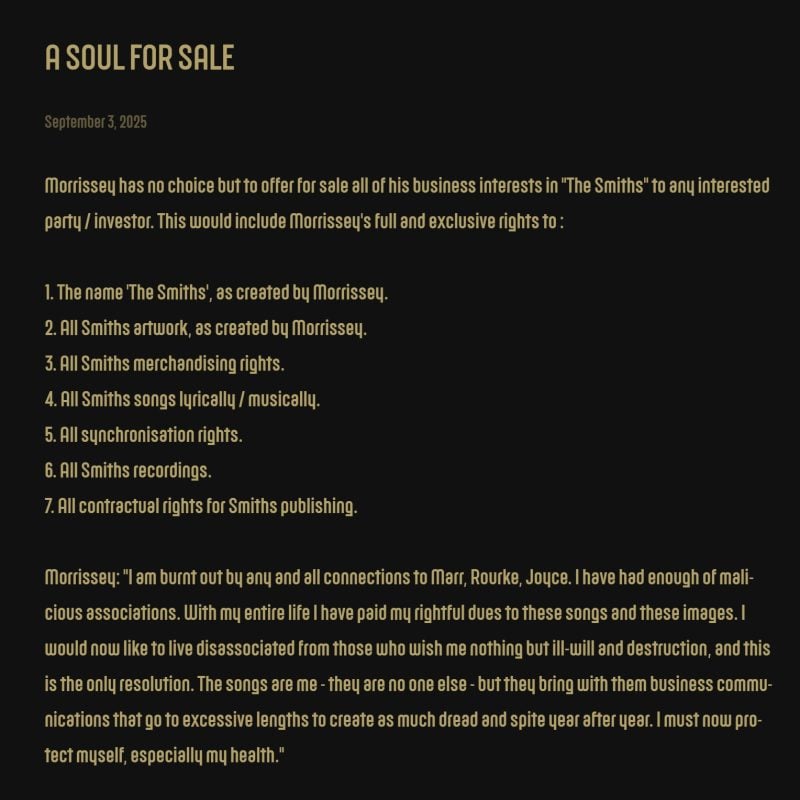 “A Soul for Sale” — Morrissey Seeks Buyers for His Rights to The Smiths