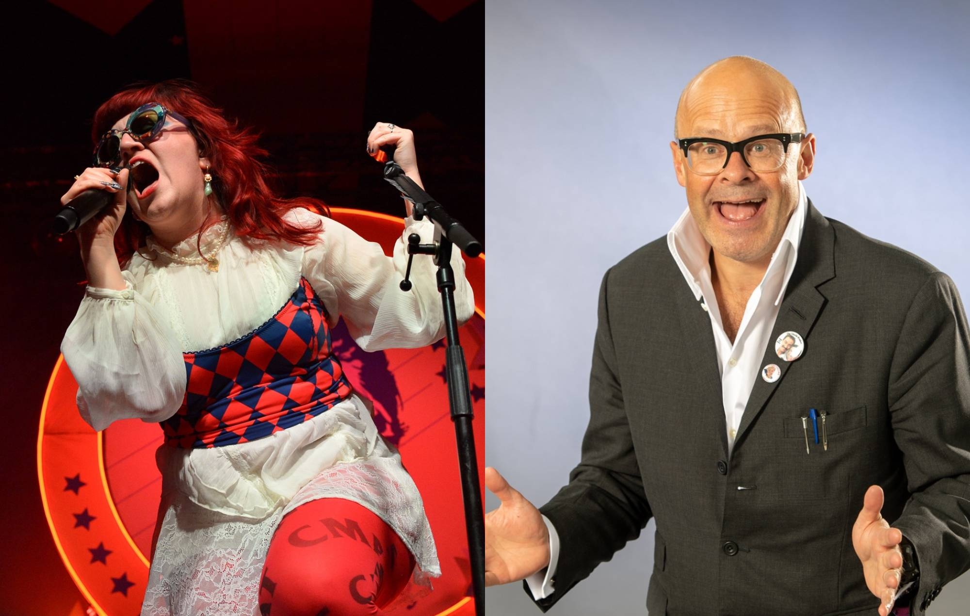 Watch Harry Hill join CMAT onstage at London Alexandra Palace show dressed as a dartboard